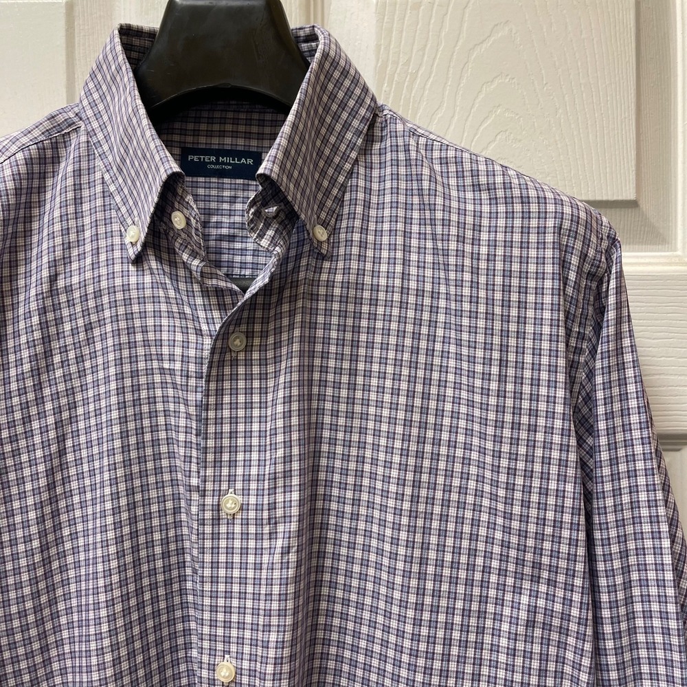 Peter Millar Men's Sz Large Blue & White Window Pane Plaid Button Up 100% Cotton